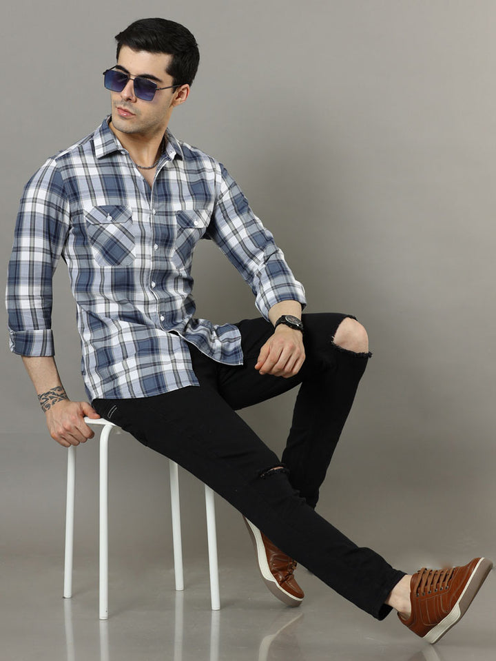 Cross Flap White Check Shirt Checks Shirt Bushirt   