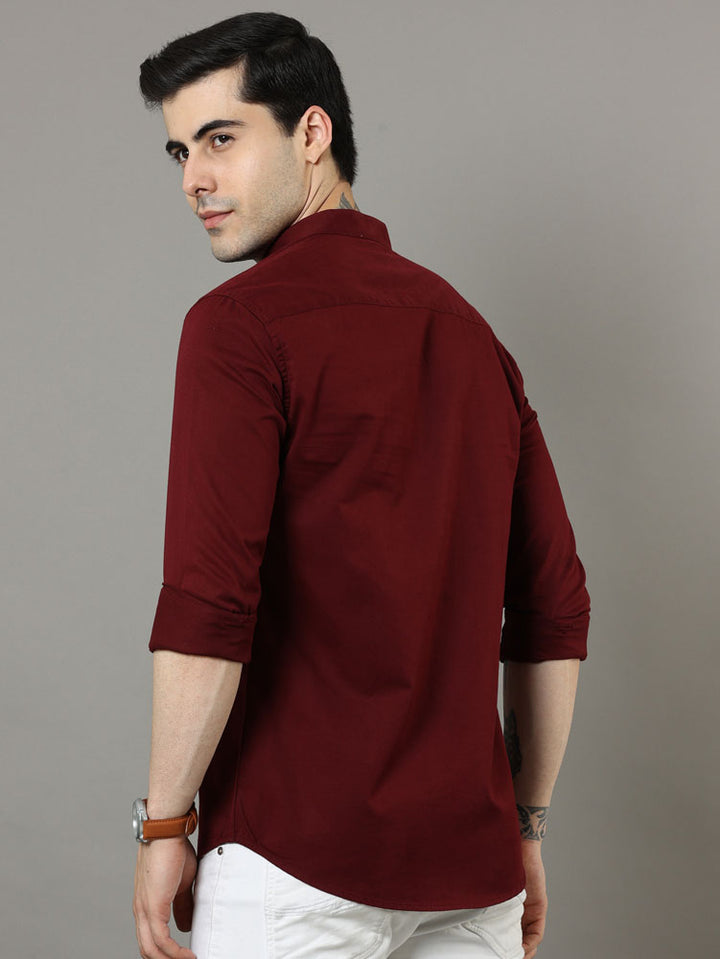 Mao Collar Maroon Solid Shirt Solid Shirt Bushirt   