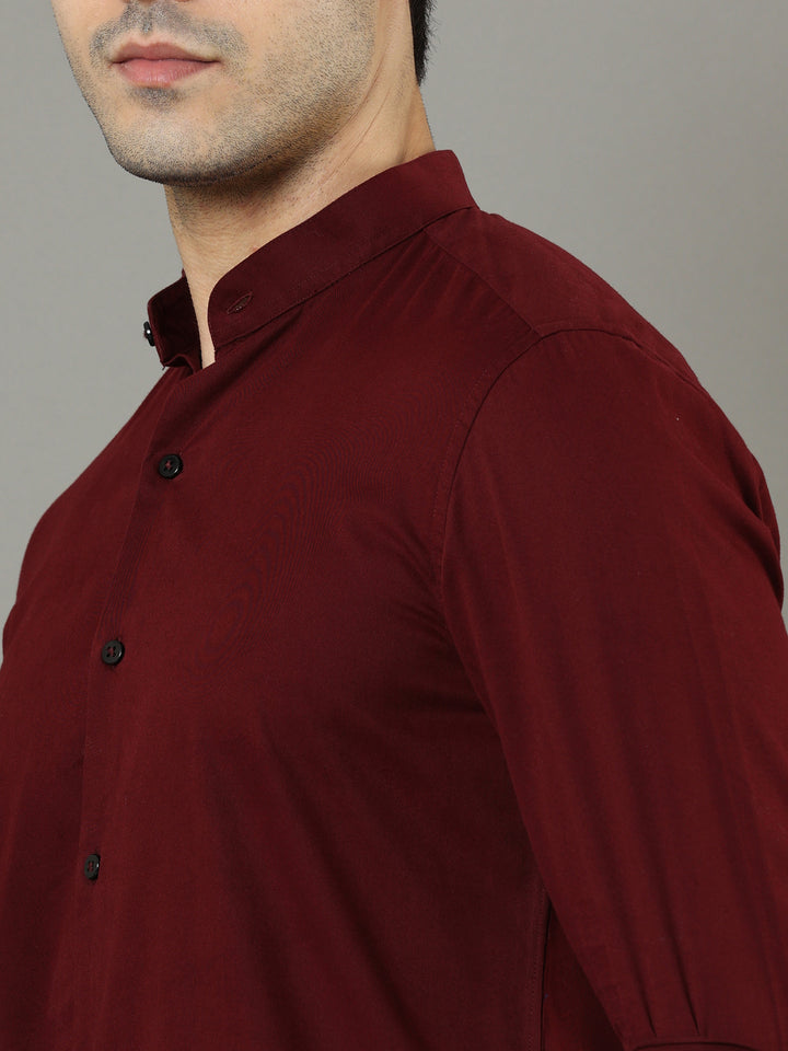 Mao Collar Maroon Solid Shirt Solid Shirt Bushirt   