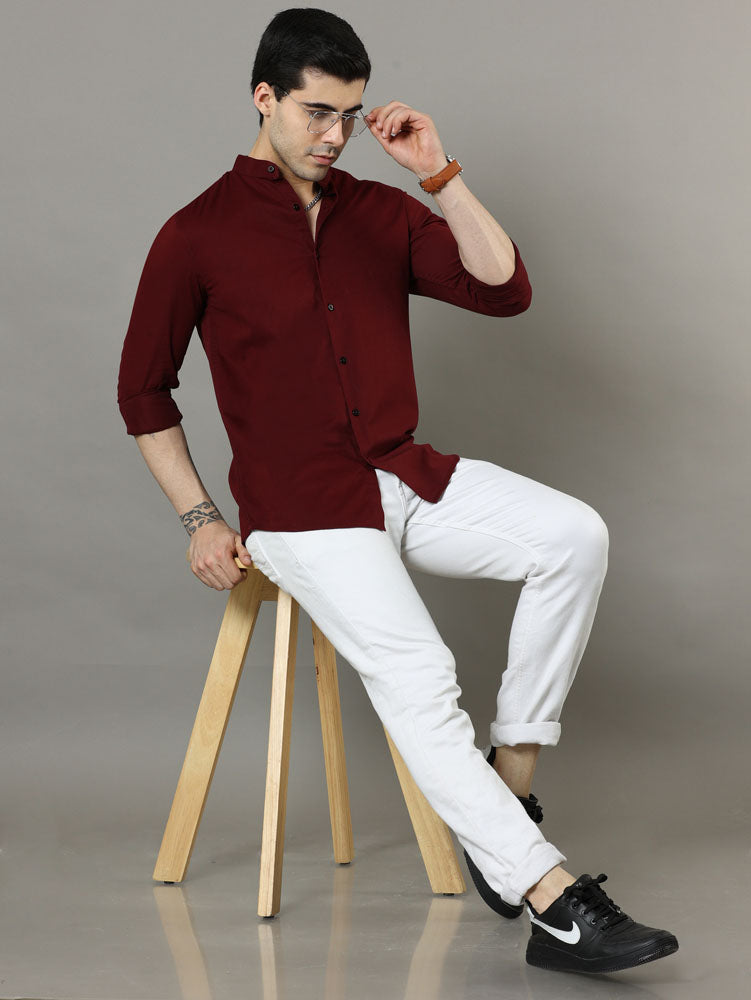 Mao Collar Maroon Solid Shirt Solid Shirt Bushirt   