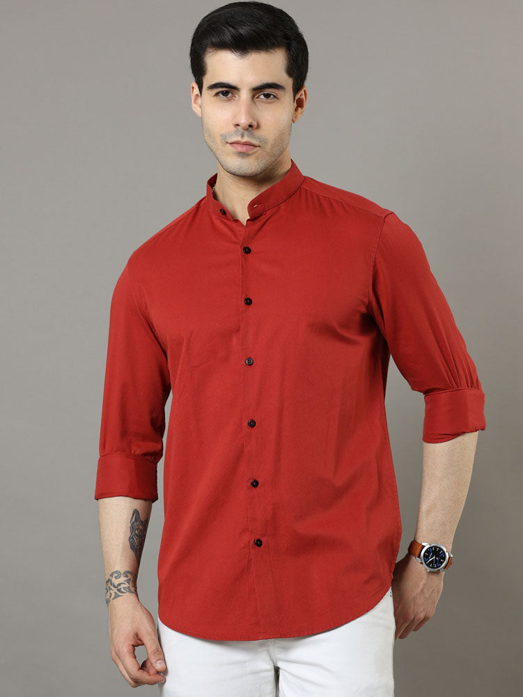Mao Collar Crimson Solid Shirt Solid Shirt Bushirt   