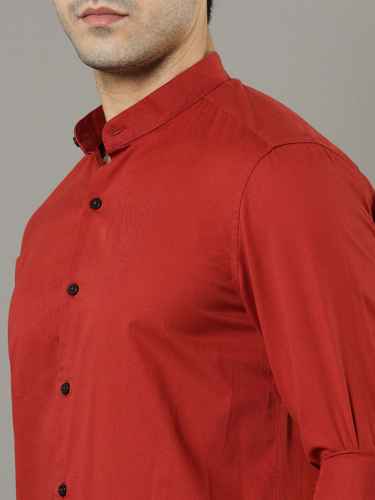 Mao Collar Crimson Solid Shirt Solid Shirt Bushirt   