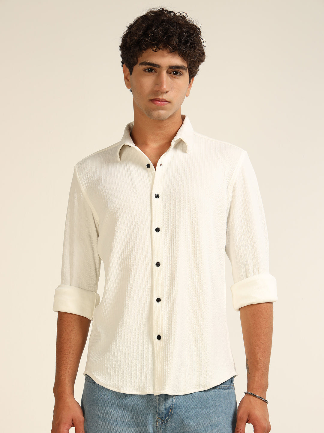 White Regular Fit Textured Shirt Structured Shirt Bushirt