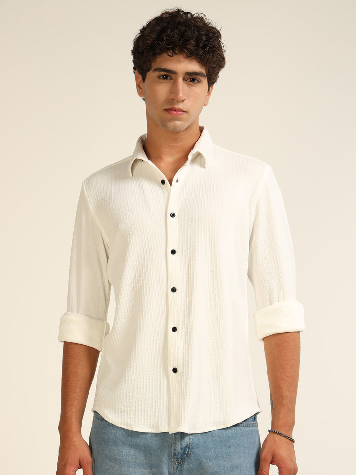 White Regular Fit Textured Shirt Structured Shirt Bushirt