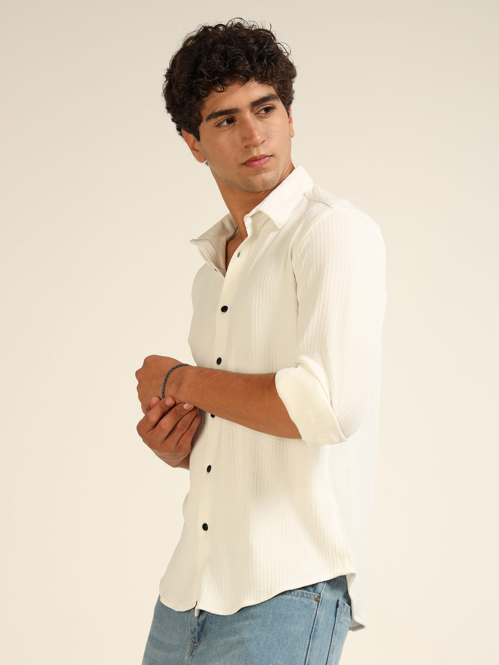 White Regular Fit Textured Shirt Structured Shirt Bushirt