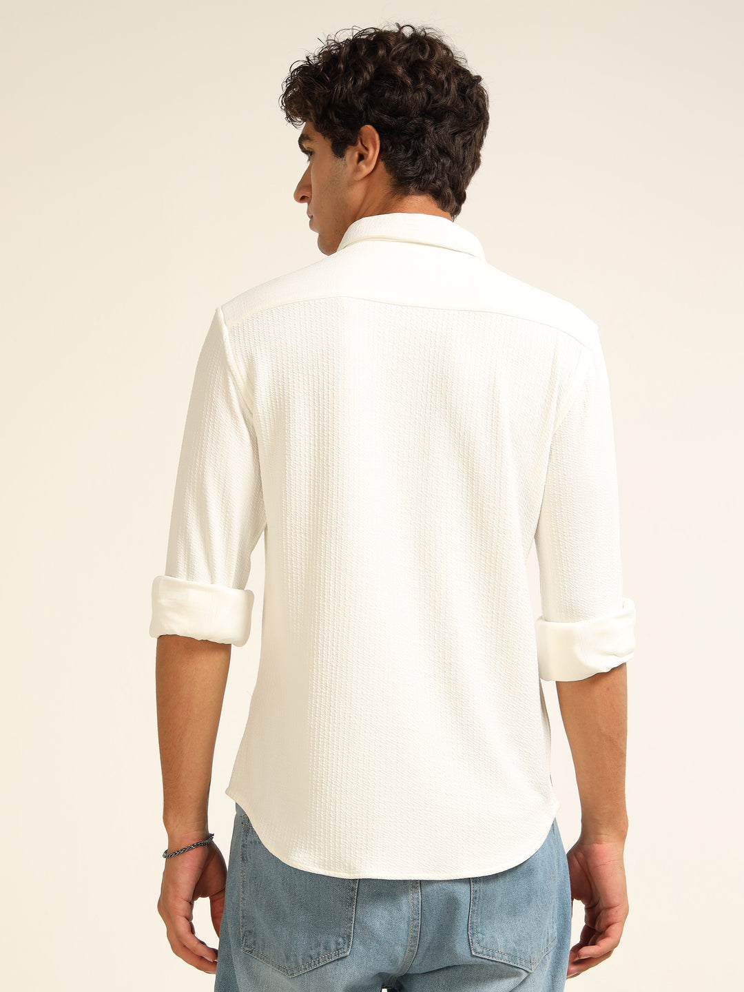 White Regular Fit Textured Shirt Structured Shirt Bushirt