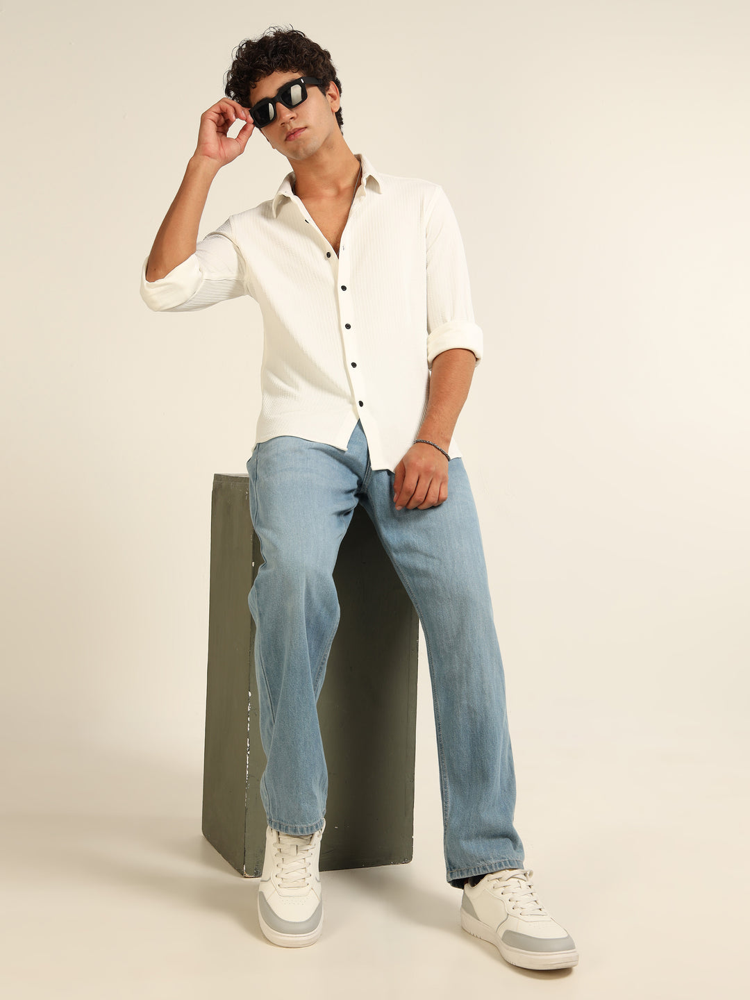 White Regular Fit Textured Shirt Structured Shirt Bushirt