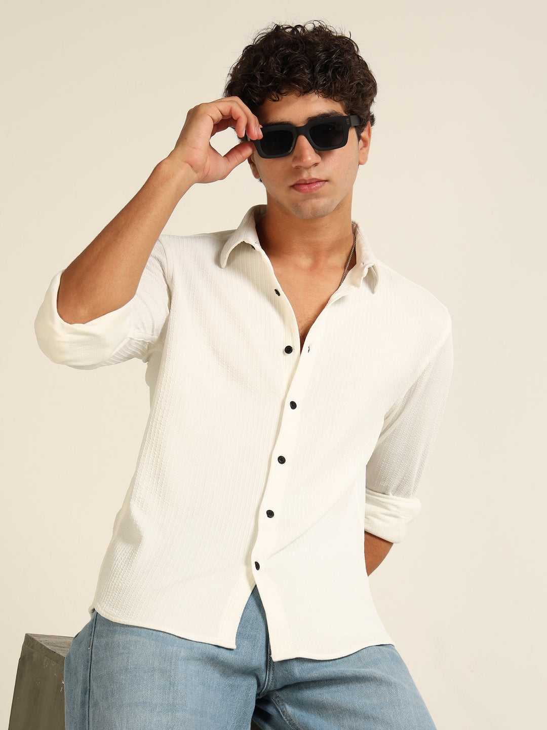 White Regular Fit Textured Shirt Structured Shirt Bushirt