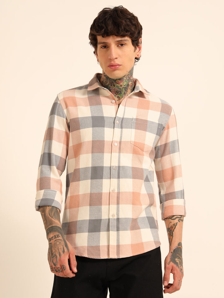 Peach Regular Fit Check Shirt Checks Shirt Bushirt