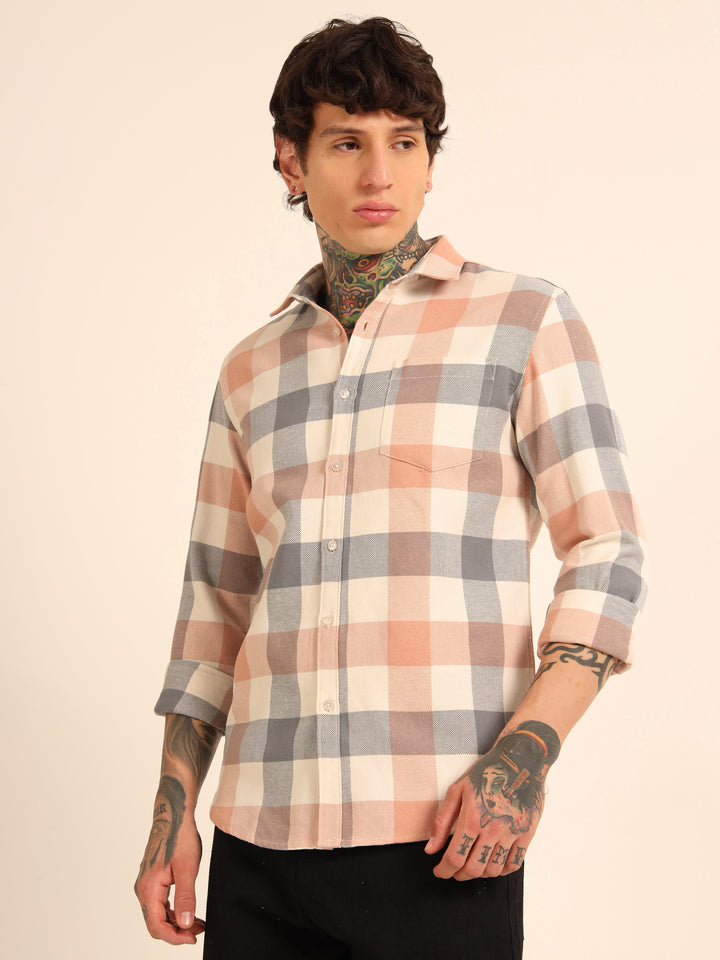 Peach Regular Fit Check Shirt Checks Shirt Bushirt
