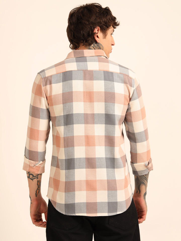 Peach Regular Fit Check Shirt Checks Shirt Bushirt