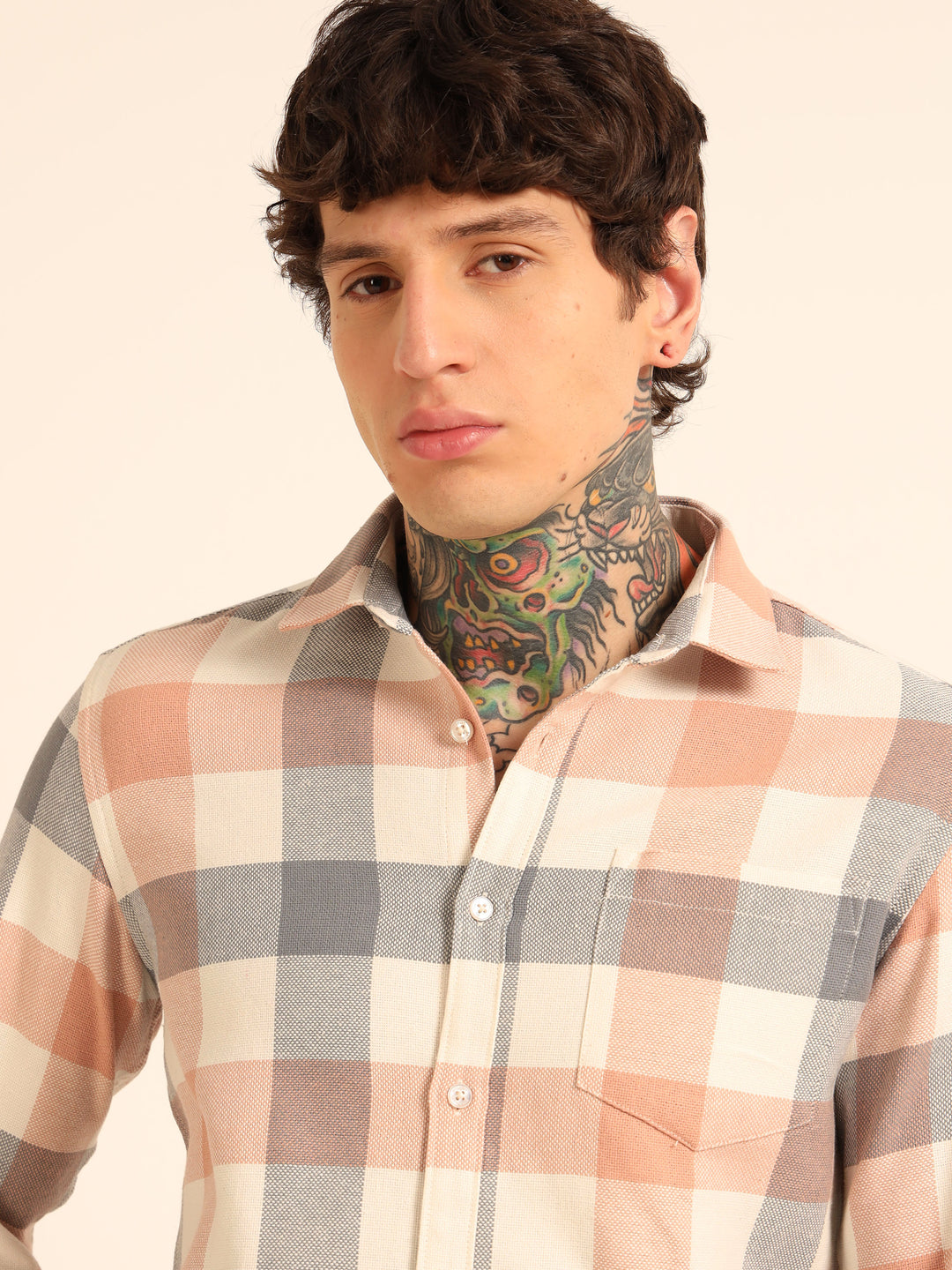 Peach Regular Fit Check Shirt Checks Shirt Bushirt