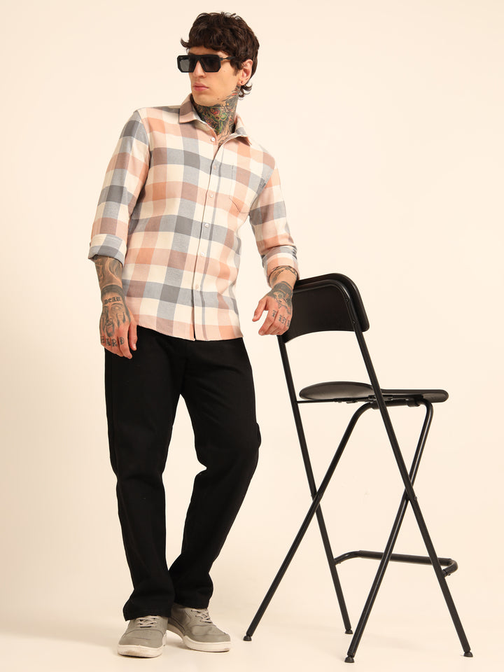 Peach Regular Fit Check Shirt Checks Shirt Bushirt