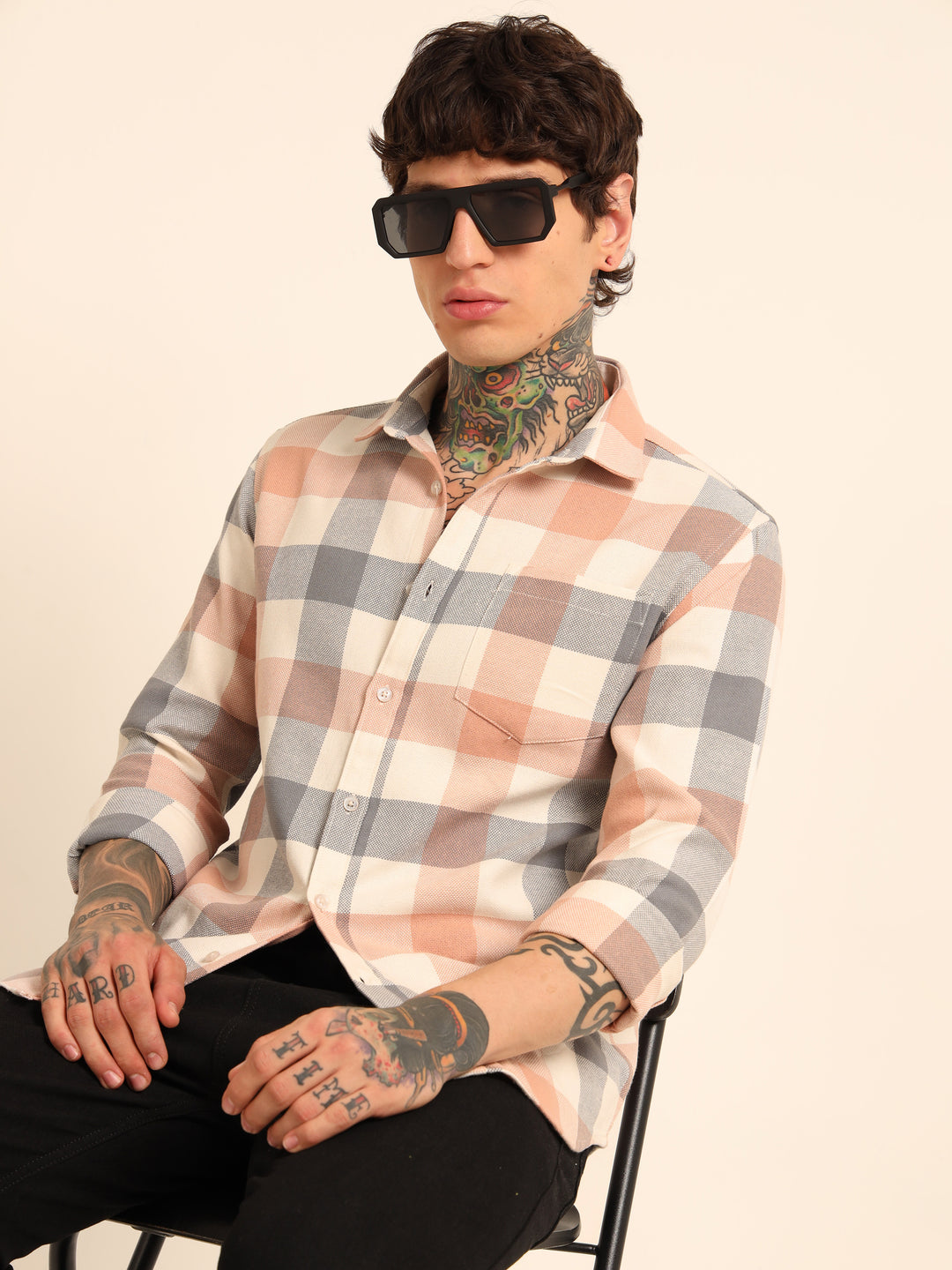 Peach Regular Fit Check Shirt Checks Shirt Bushirt