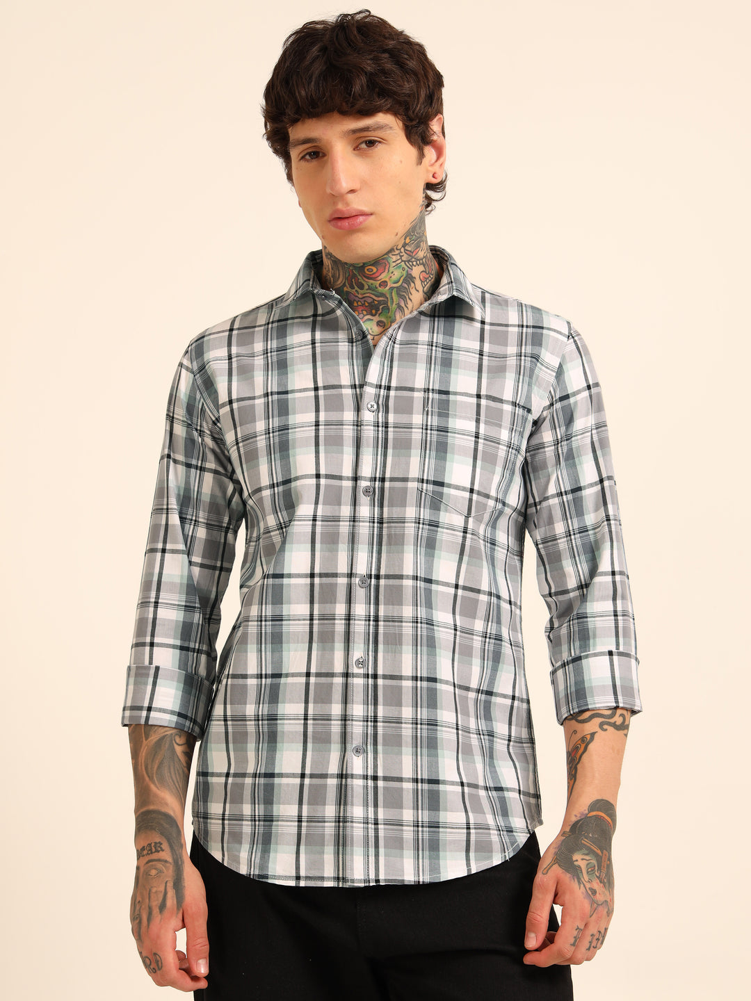 Stone Grey Regular Fit Check Shirt Checks Shirt Bushirt
