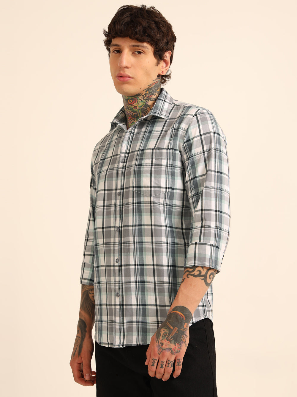 Stone Grey Regular Fit Check Shirt Checks Shirt Bushirt