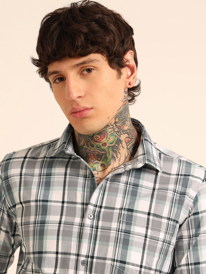 Stone Grey Regular Fit Check Shirt Checks Shirt Bushirt