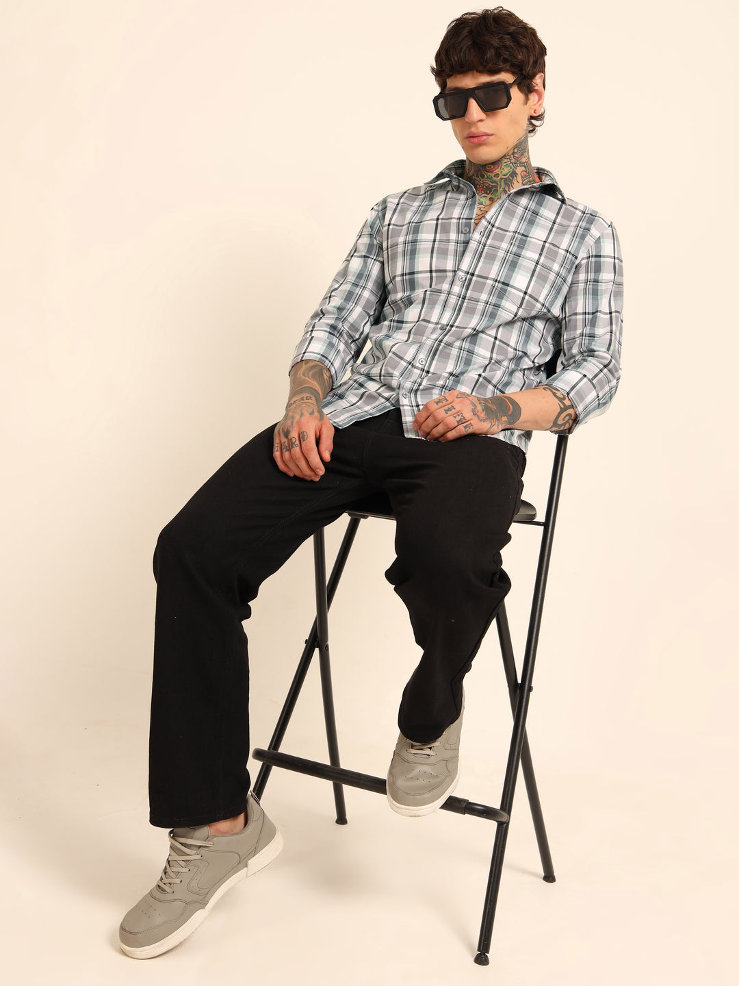 Stone Grey Regular Fit Check Shirt Checks Shirt Bushirt