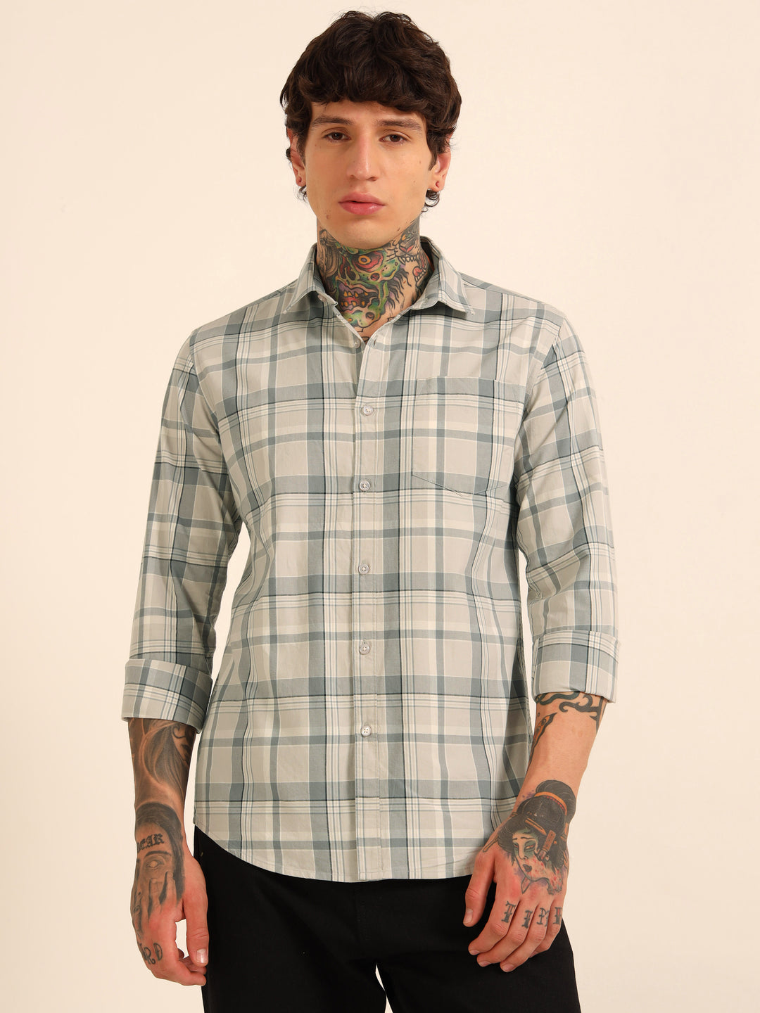 Light Grey Regular Fit Check Shirt Checks Shirt Bushirt