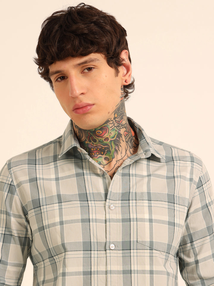Light Grey Regular Fit Check Shirt Checks Shirt Bushirt