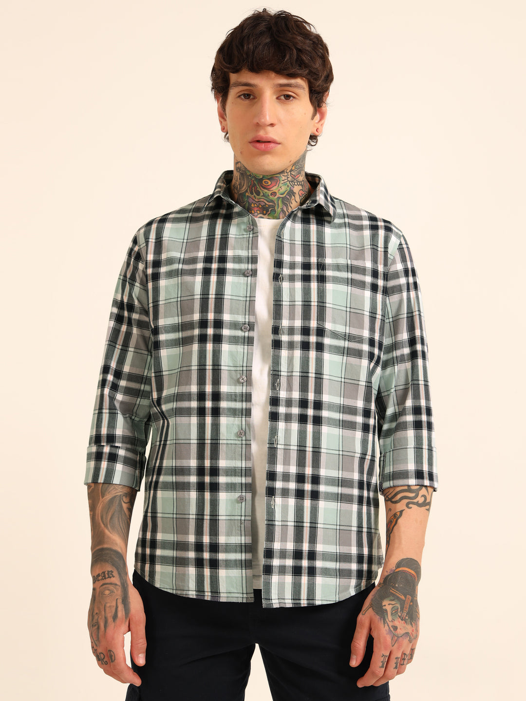 Sea Green Regular Fit Check Shirt Checks Shirt Bushirt