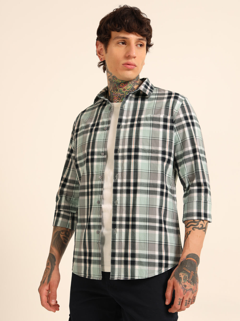 Sea Green Regular Fit Check Shirt Checks Shirt Bushirt