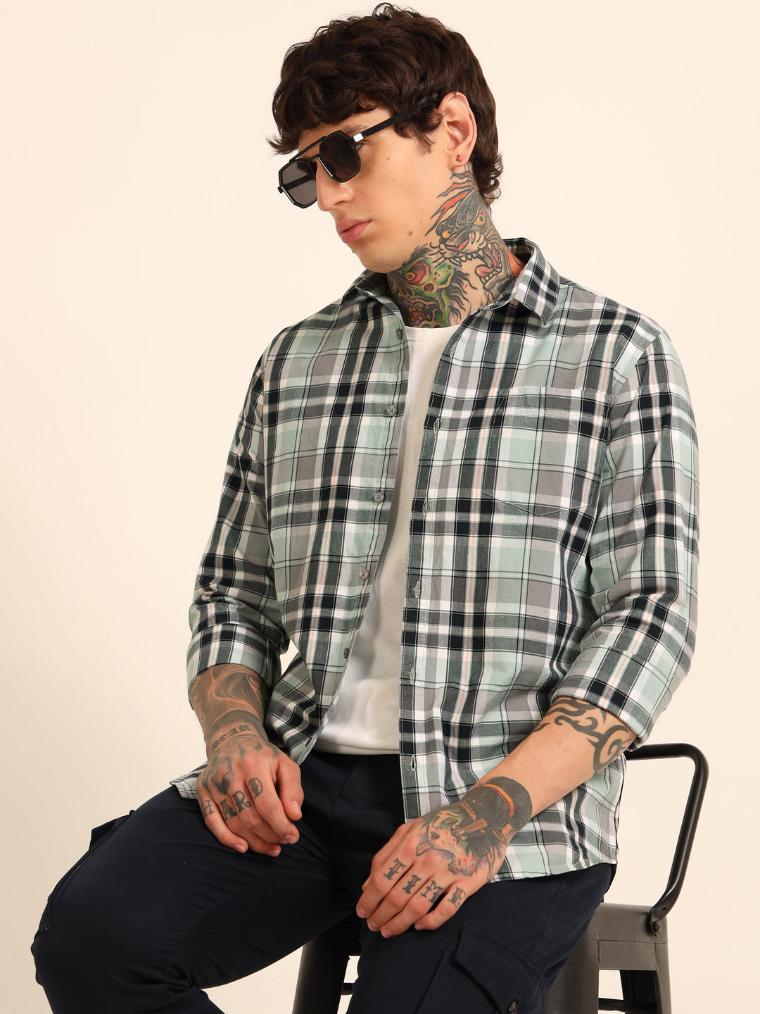 Sea Green Regular Fit Check Shirt Checks Shirt Bushirt