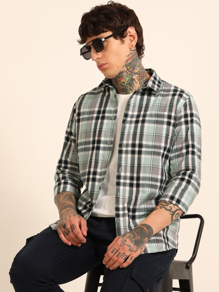 Sea Green Regular Fit Check Shirt Checks Shirt Bushirt