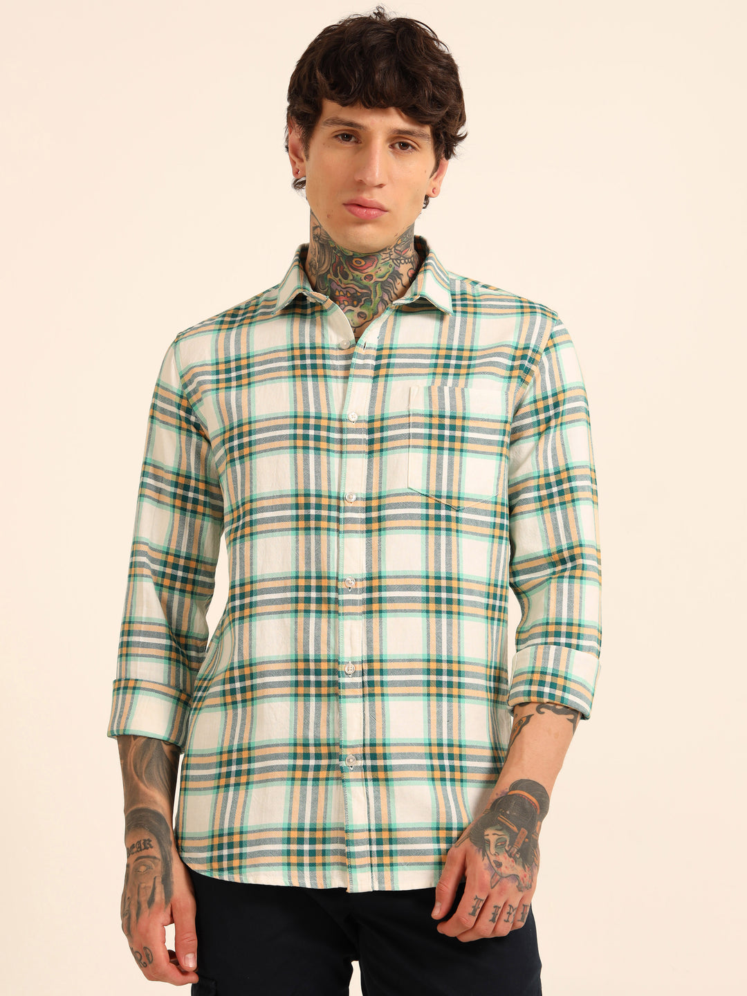 Green Regular Fit Check Shirt Checks Shirt Bushirt