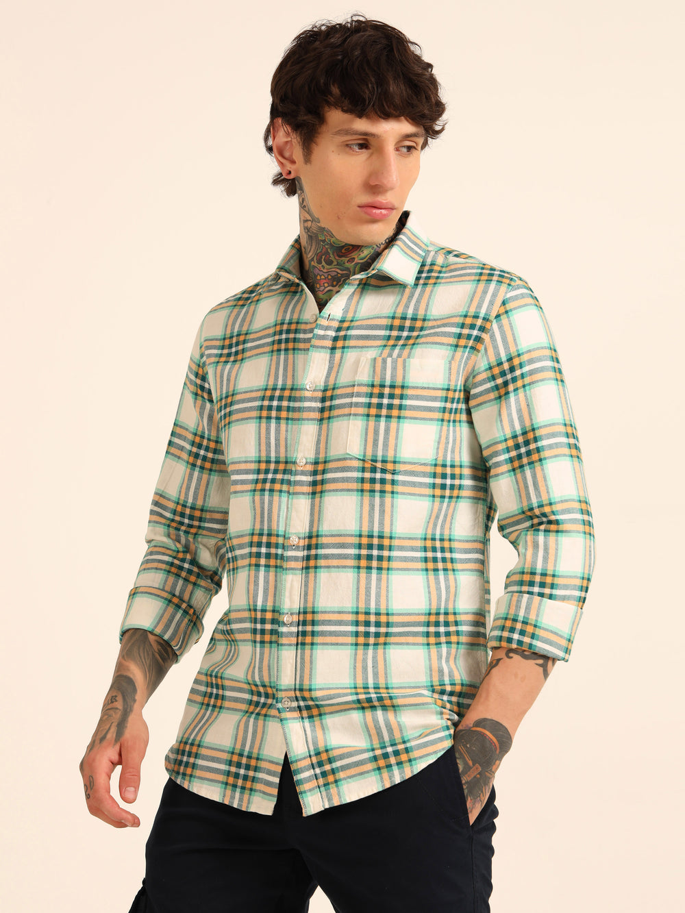 Green Regular Fit Check Shirt Checks Shirt Bushirt