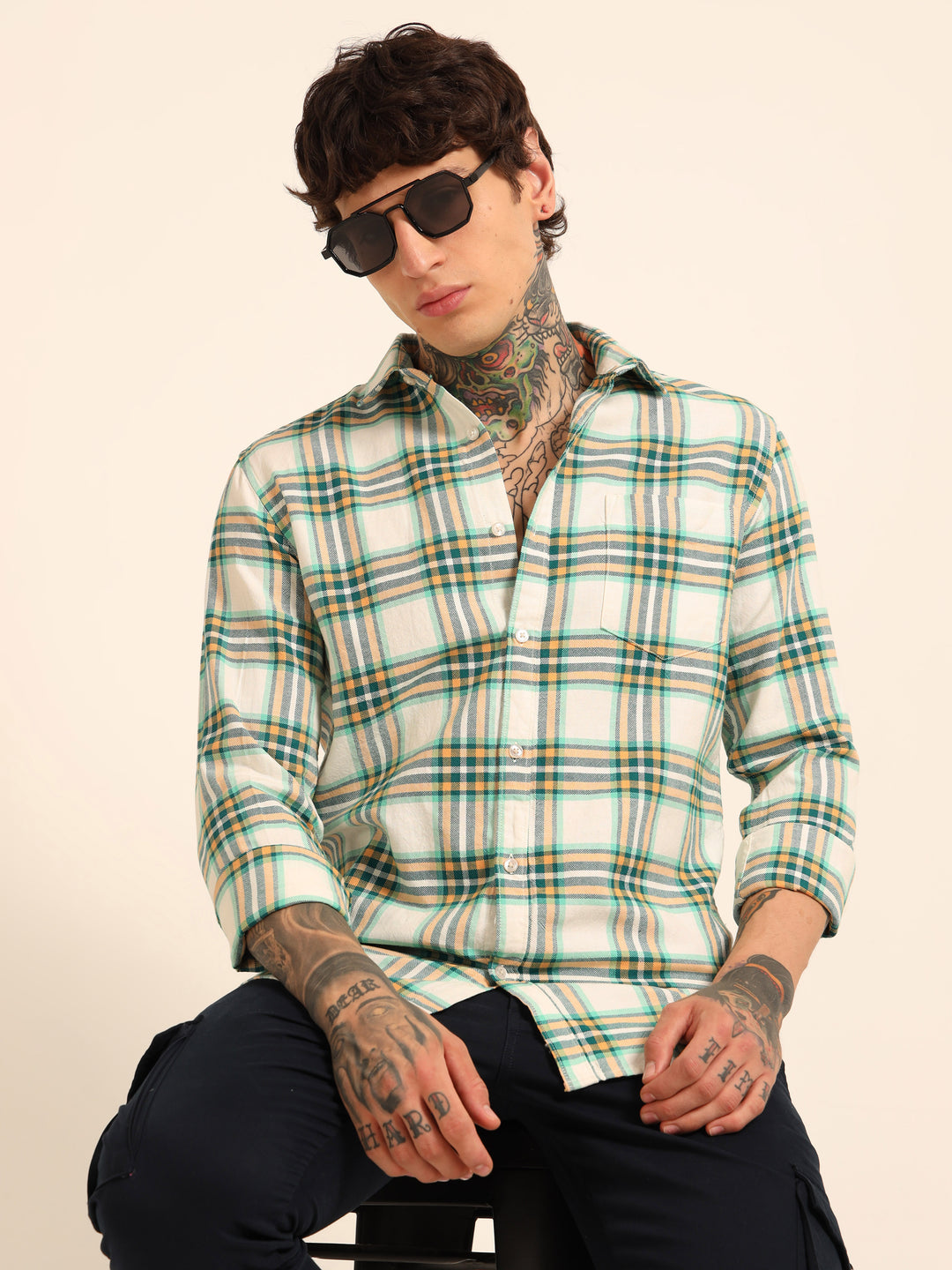 Green Regular Fit Check Shirt Checks Shirt Bushirt