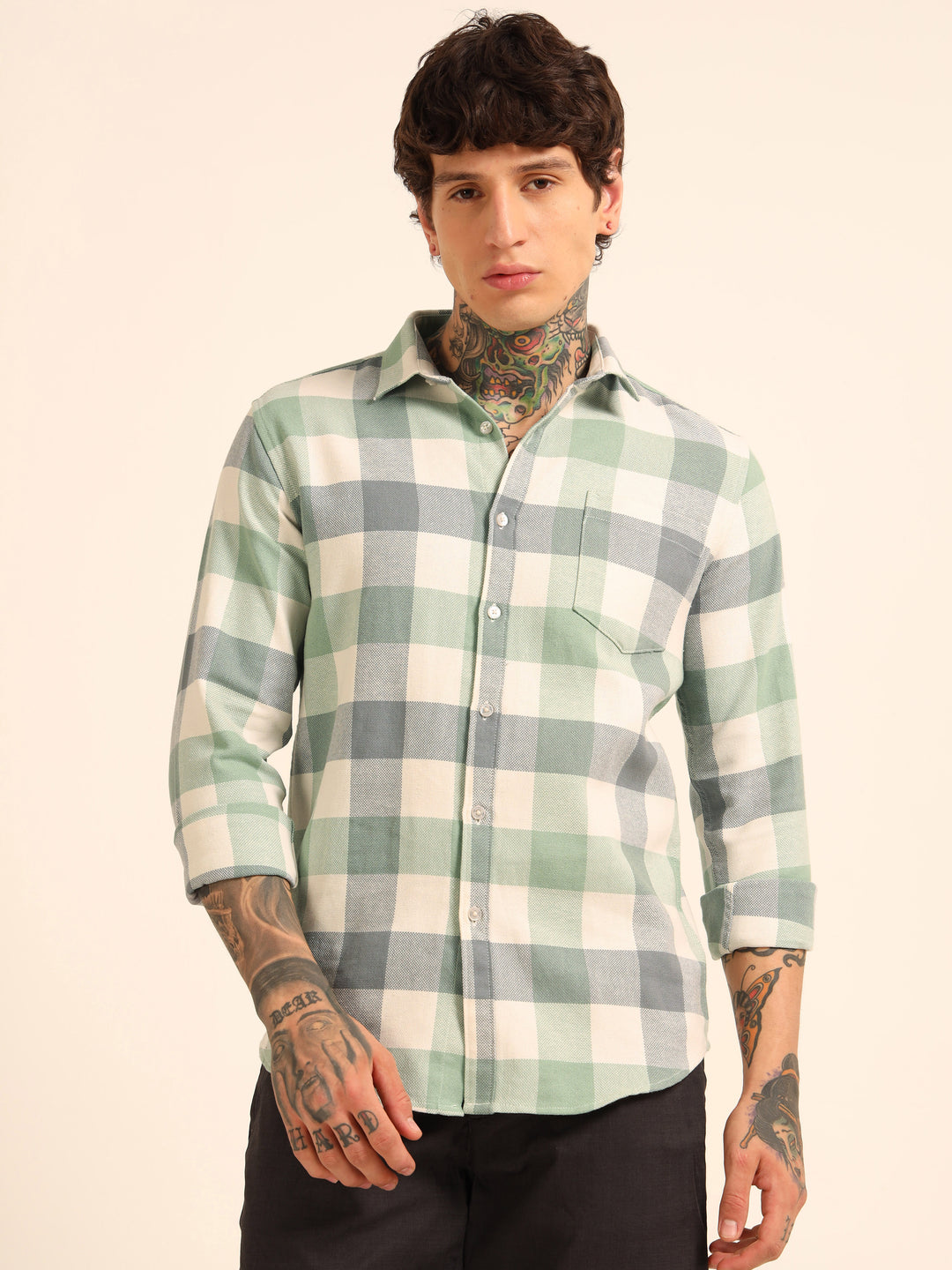 Russian Green Regular Fit Check Shirt Checks Shirt Bushirt
