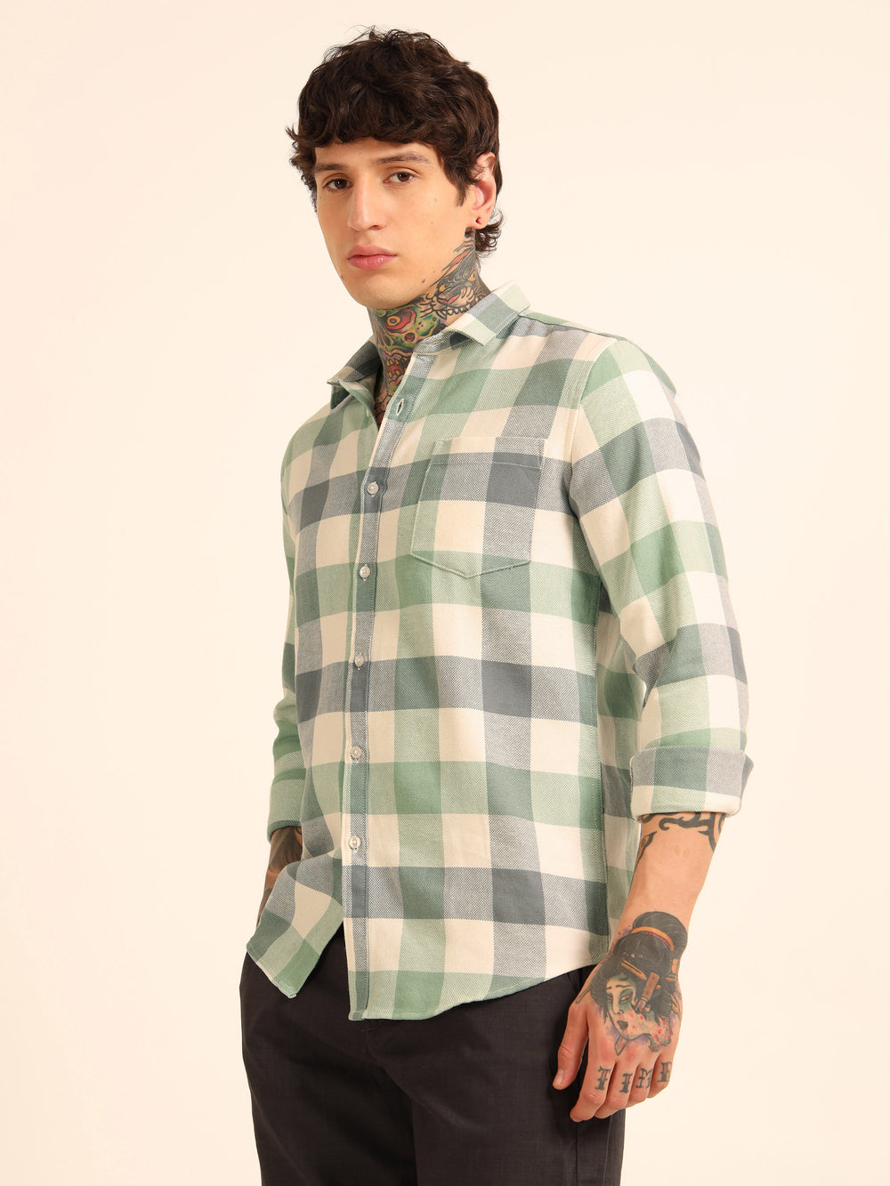 Russian Green Regular Fit Check Shirt Checks Shirt Bushirt