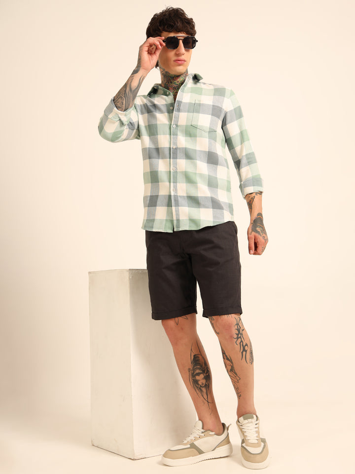 Russian Green Regular Fit Check Shirt Checks Shirt Bushirt