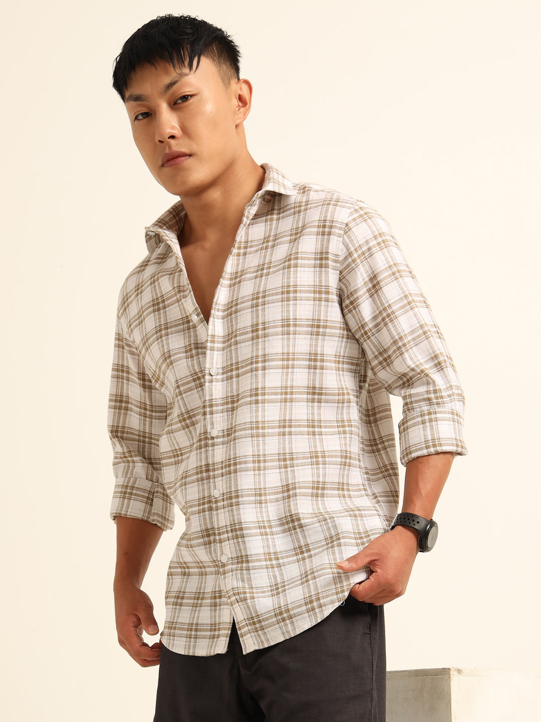 Light Brown Regular Fit Check Shirt Checks Shirt Bushirt
