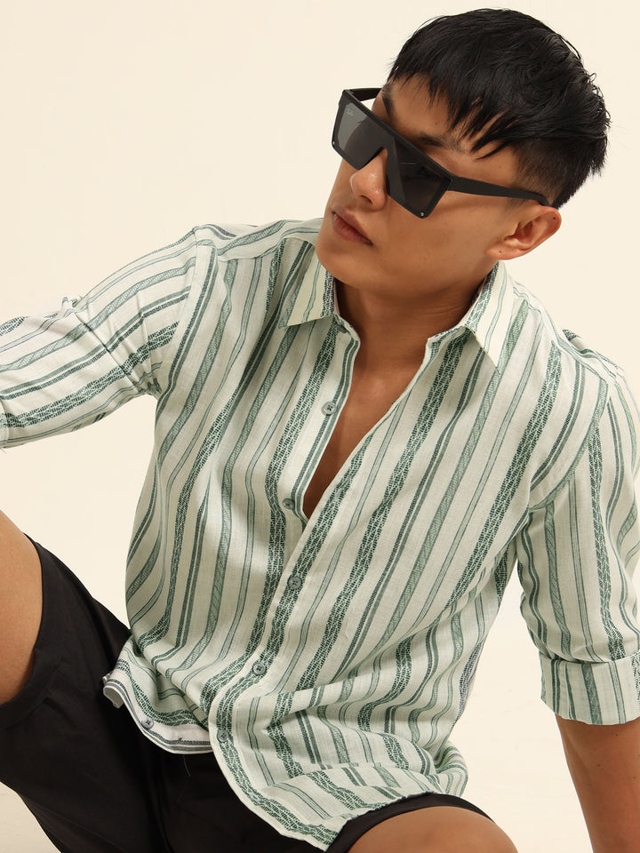 Green Regular Fit Striped Shirt Stripes Shirt Bushirt