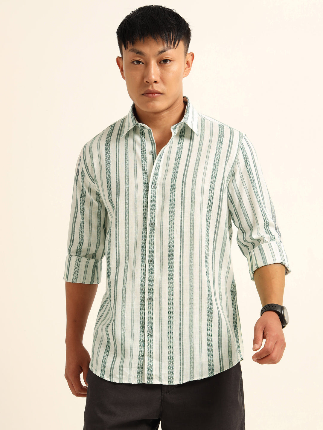 Green Regular Fit Striped Shirt Stripes Shirt Bushirt