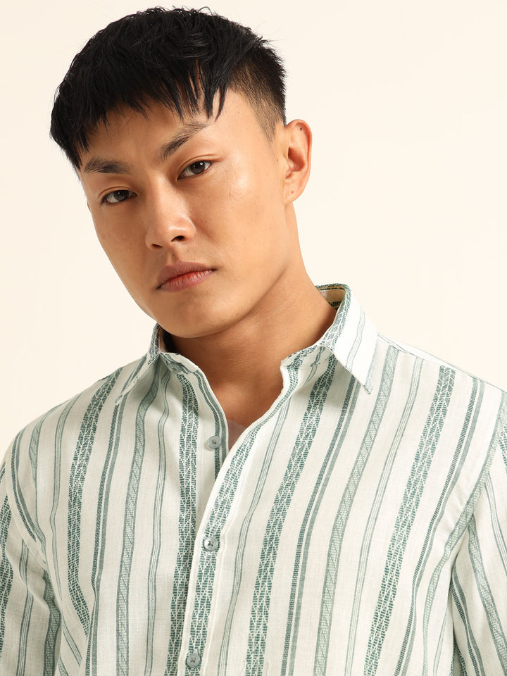 Green Regular Fit Striped Shirt Stripes Shirt Bushirt