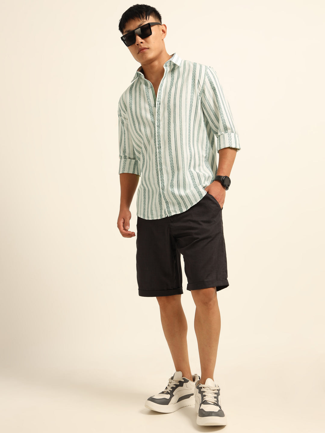 Green Regular Fit Striped Shirt Stripes Shirt Bushirt