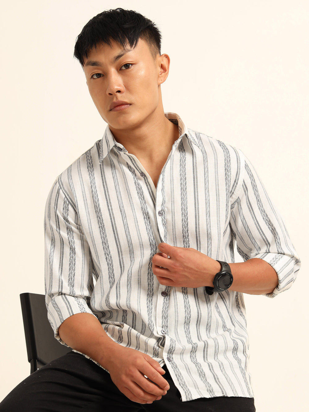 Black Regular Fit Striped Shirt Stripes Shirt Bushirt