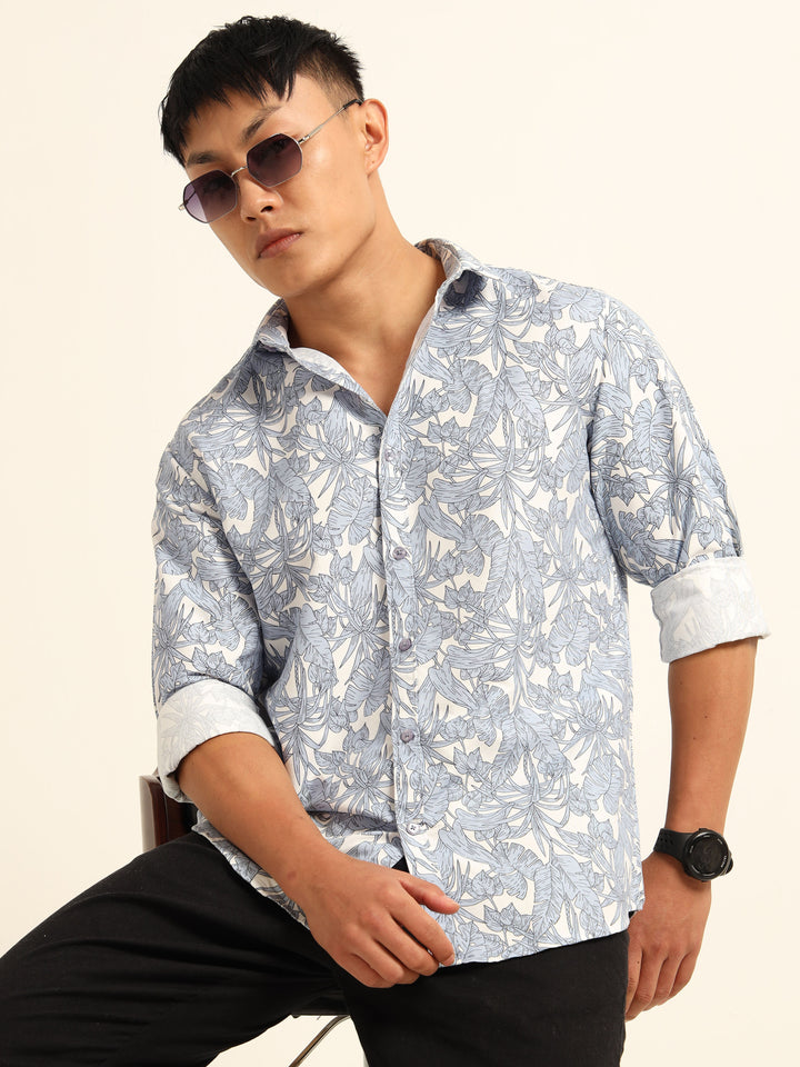 Cadet Blue Regular Fit Printed Shirt