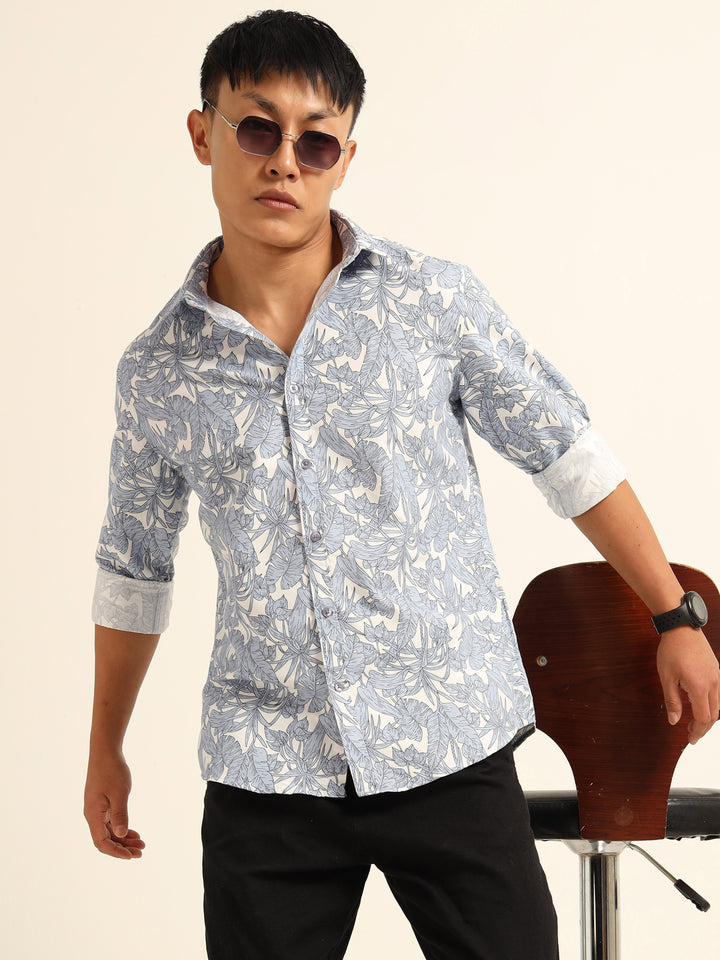 Cadet Blue Regular Fit Printed Shirt
