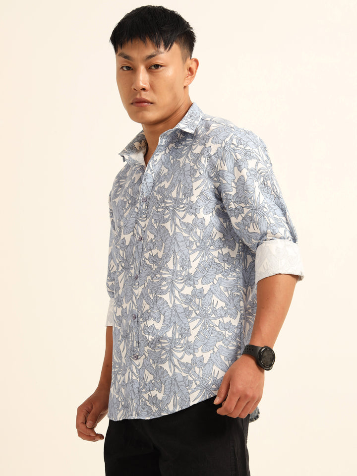 Cadet Blue Regular Fit Printed Shirt