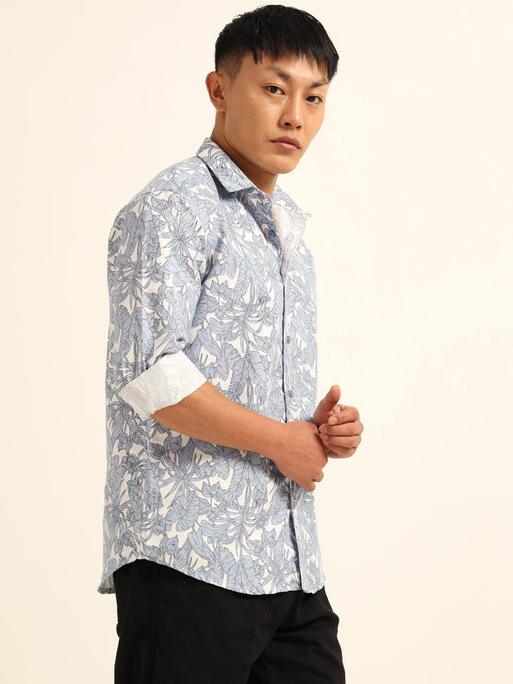 Cadet Blue Regular Fit Printed Shirt