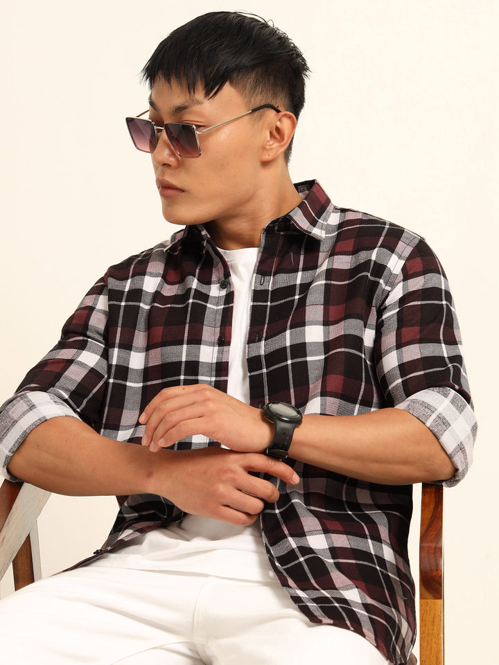 Maroon Regular Fit Check Shirt Checks Shirt Bushirt