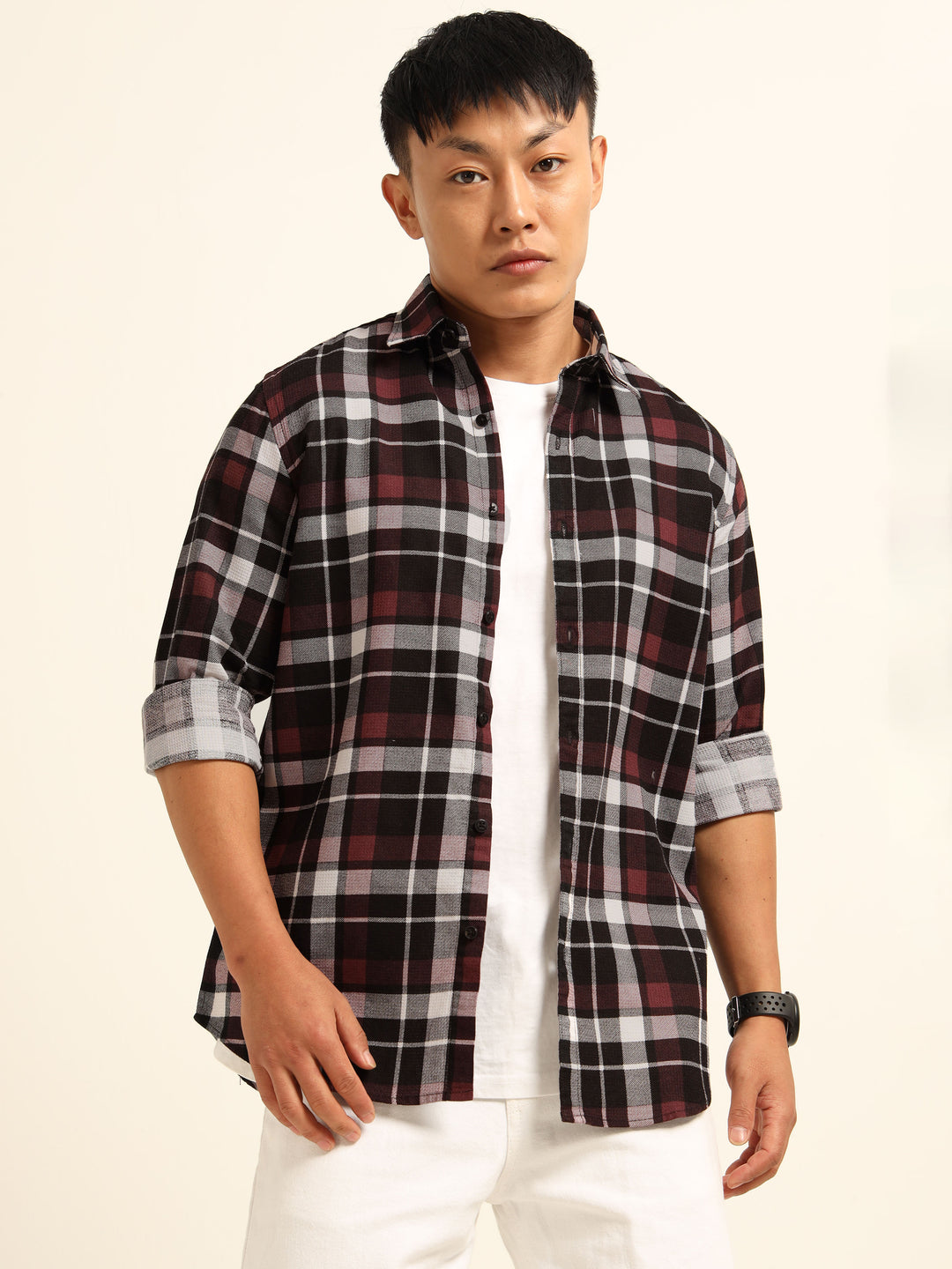 Maroon Regular Fit Check Shirt Checks Shirt Bushirt