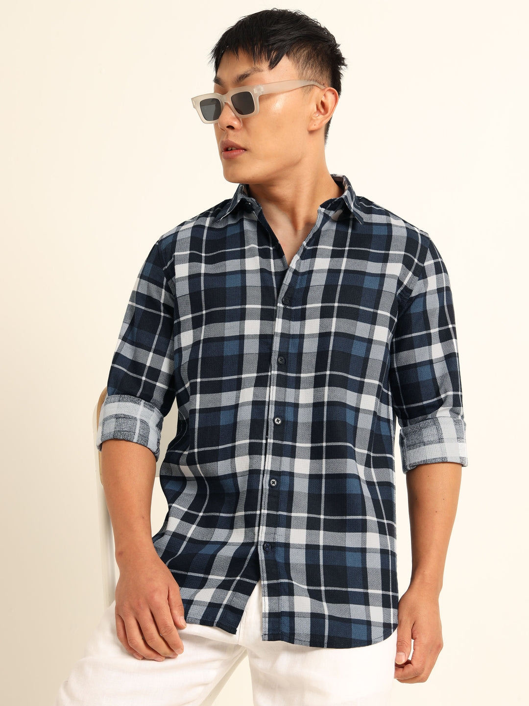 Navy Blue Regular Fit Check Shirt Checks Shirt Bushirt