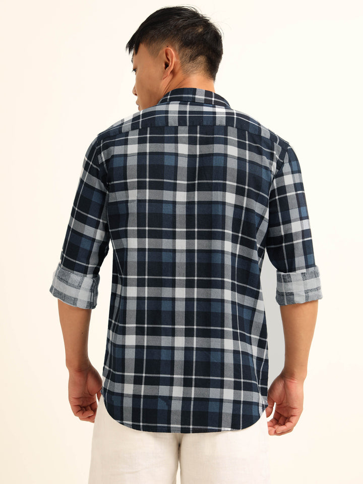 Navy Blue Regular Fit Check Shirt Checks Shirt Bushirt