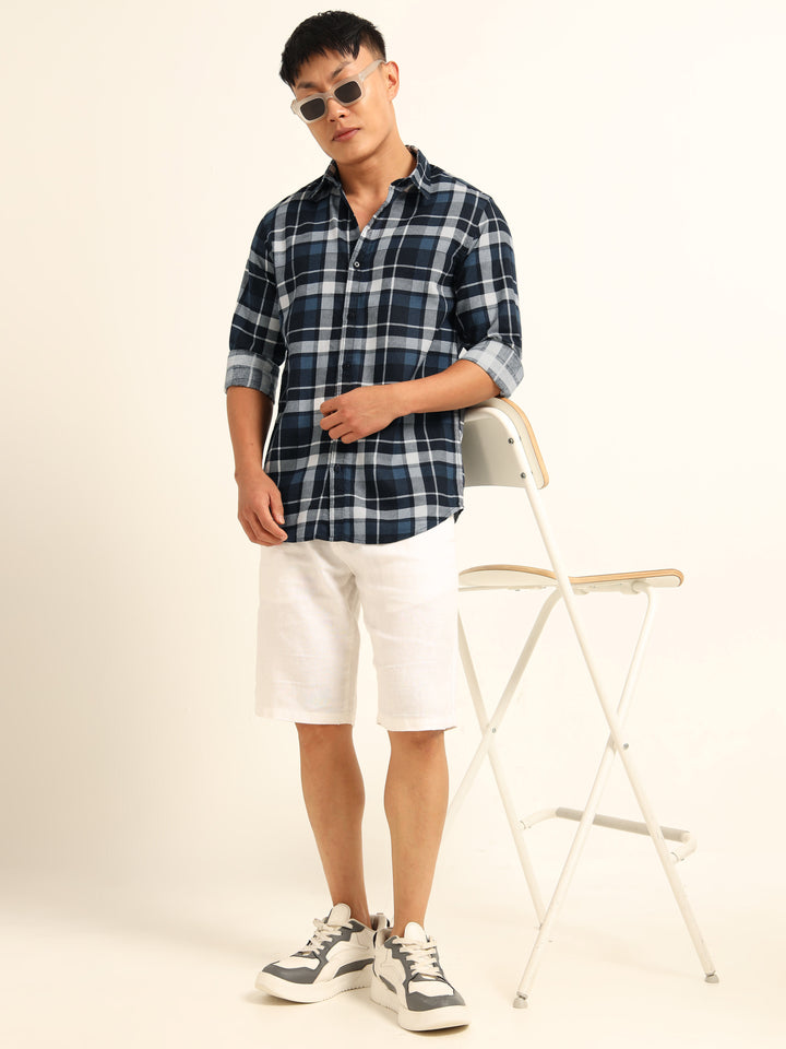 Navy Blue Regular Fit Check Shirt Checks Shirt Bushirt