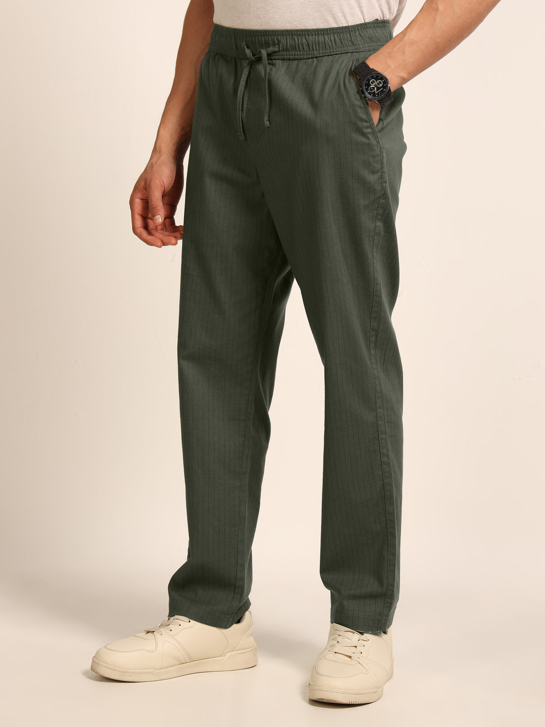 Olive Green Relaxed Fit Linen Trouser